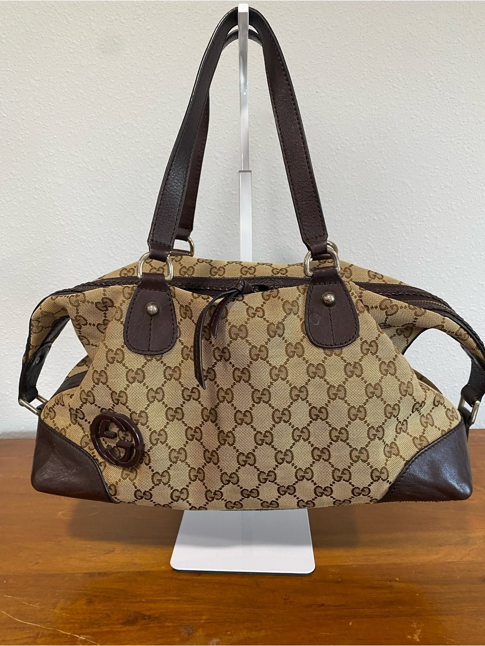 Beige and Brown Canvas Shoulder Bag